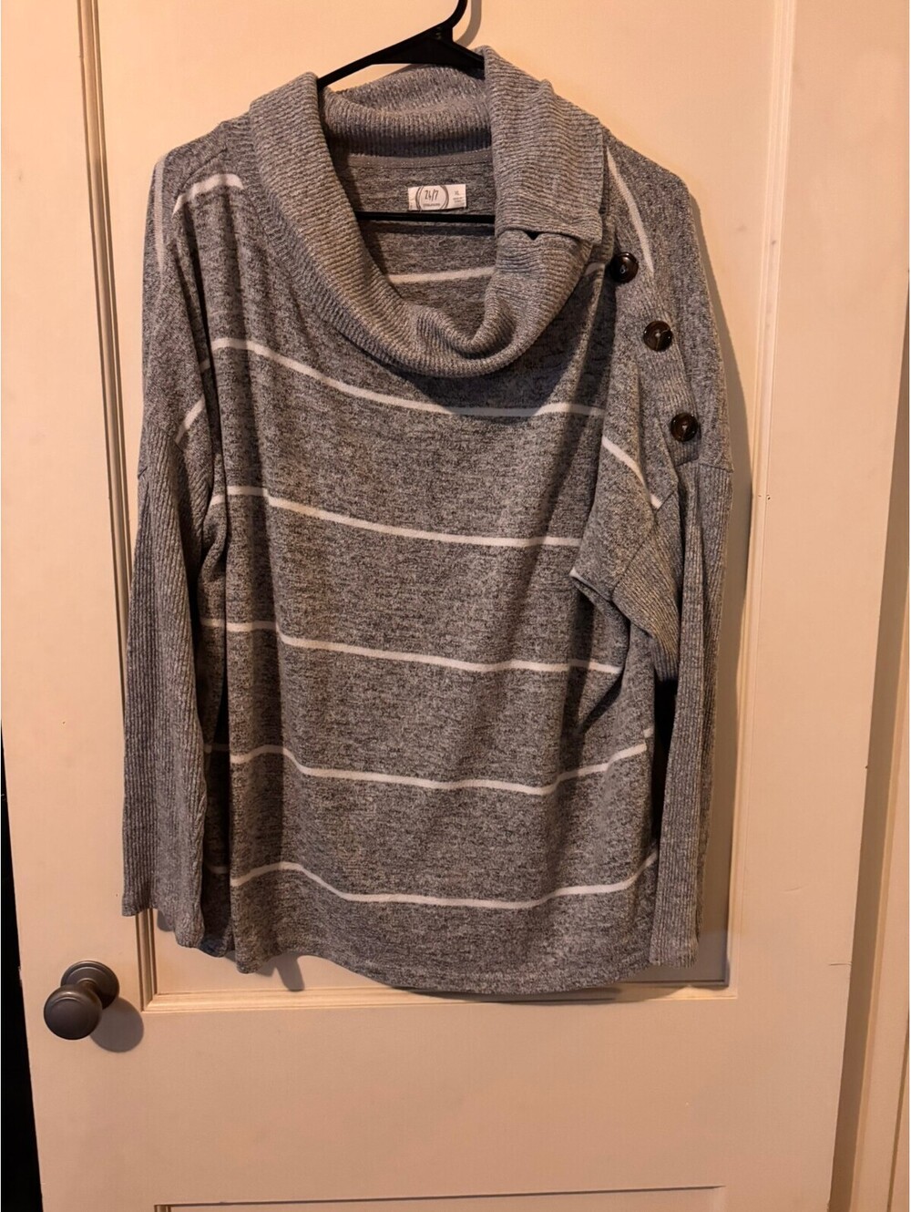 Maurices 24/7 Gray Striped Cowl Neck Sweater with Button Detail XL